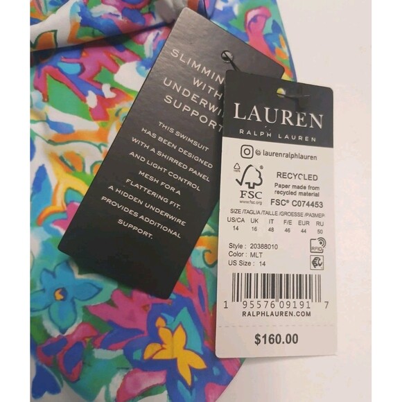 LAUREN Ralph Lauren Swimsuit Sz 14 Ruffle V-neck One Piece Multi Print $160 NWT - Picture 13 of 16